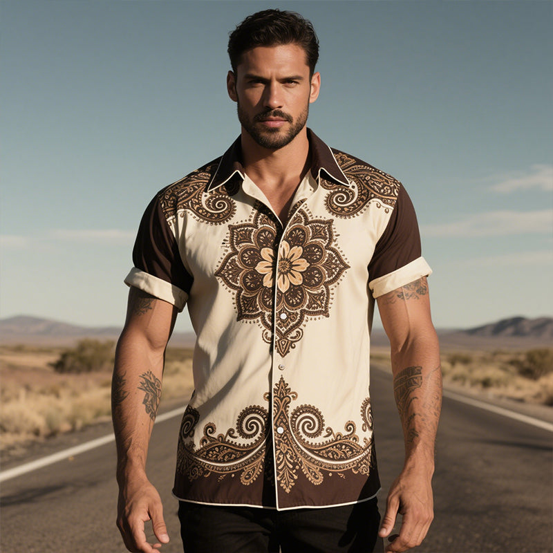 Men's Vintage Casual Perris Print Lapel Short Sleeve Shirt MTA2986E3TO