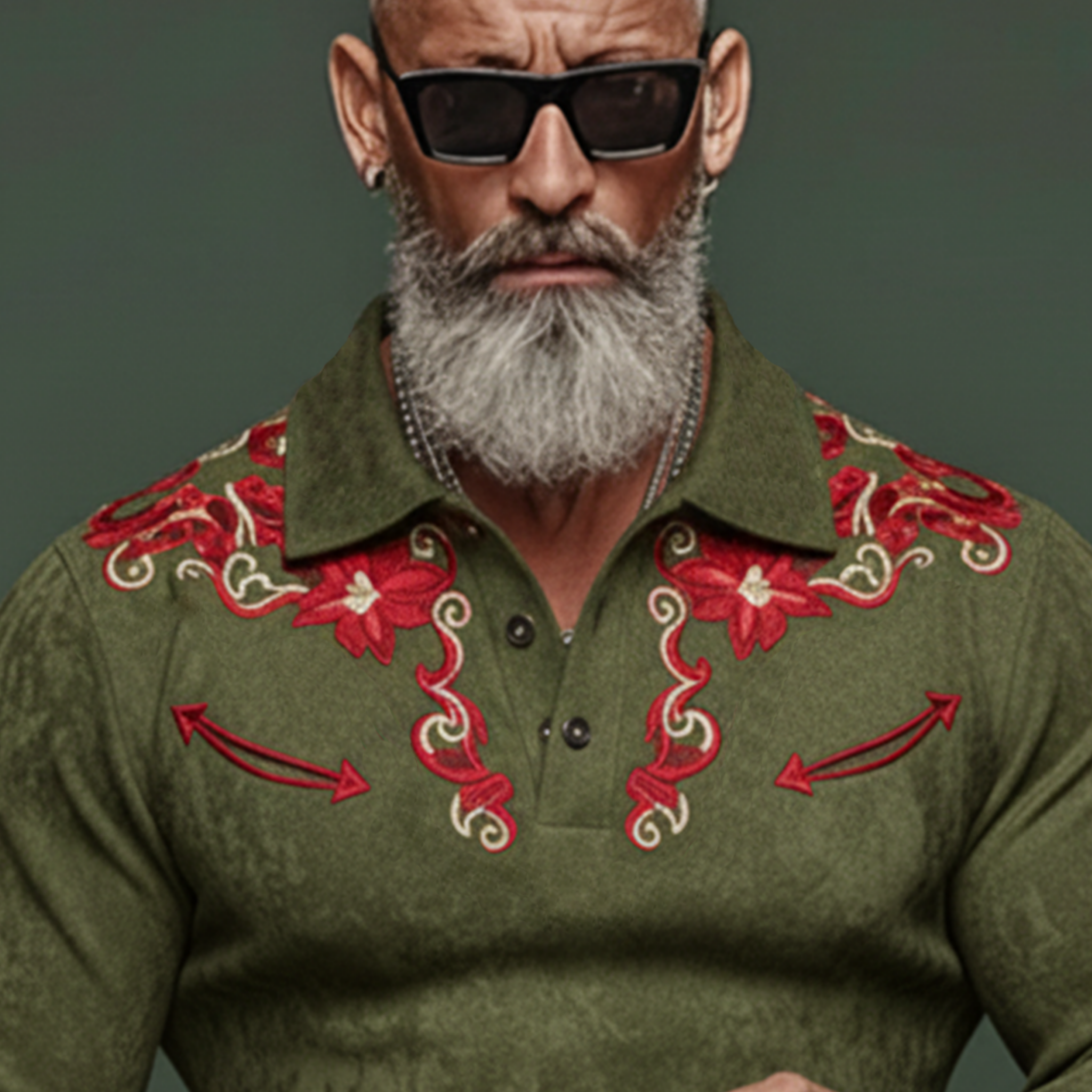 Men's Casual Western Rugged Style Embroidered Faux Suede Long-Sleeve Polo Shirt MTA2786K2K