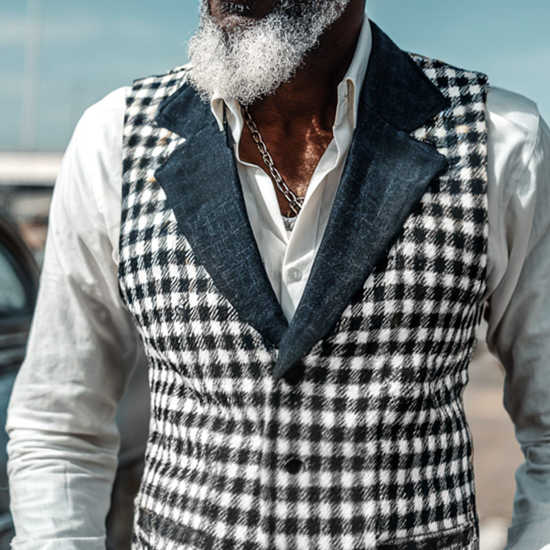 Mens Check Splicing Denim Notch Lapel Single Breasted Casual Vest MTA0898I5Z