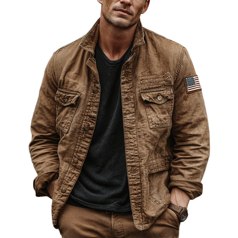 Men's Retro Washed Cotton Lapel Multi-pocket Cargo Jacket MTA1225I0Z