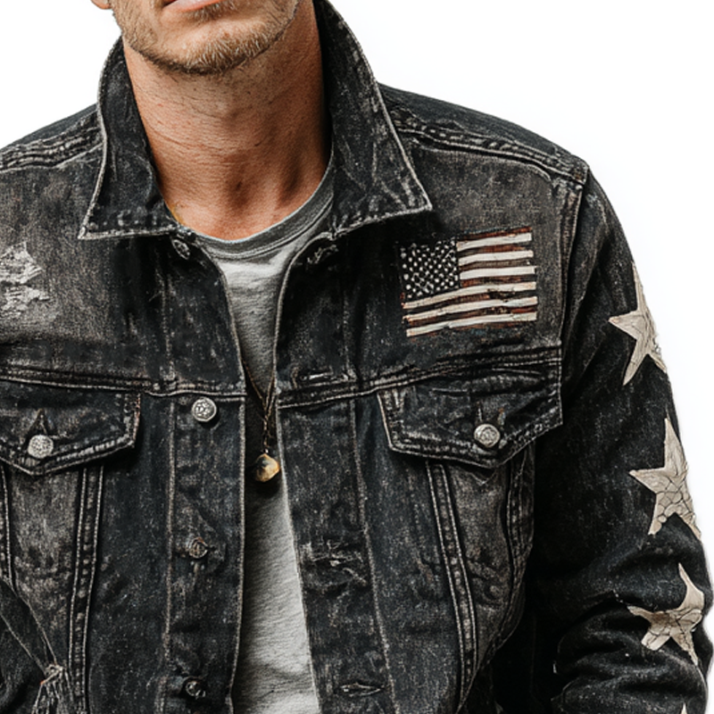 Men's Washed Vintage Star Print Denim Jacket MTA1787G0X