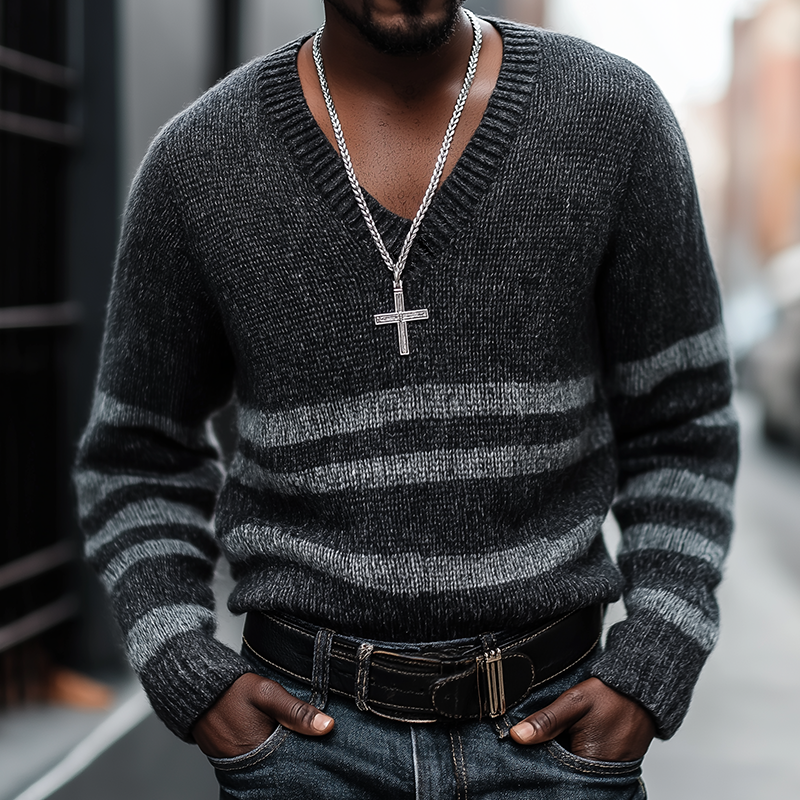 Men's Retro Casual Knit Striped V-Neck Sweater MTA2667L4TO