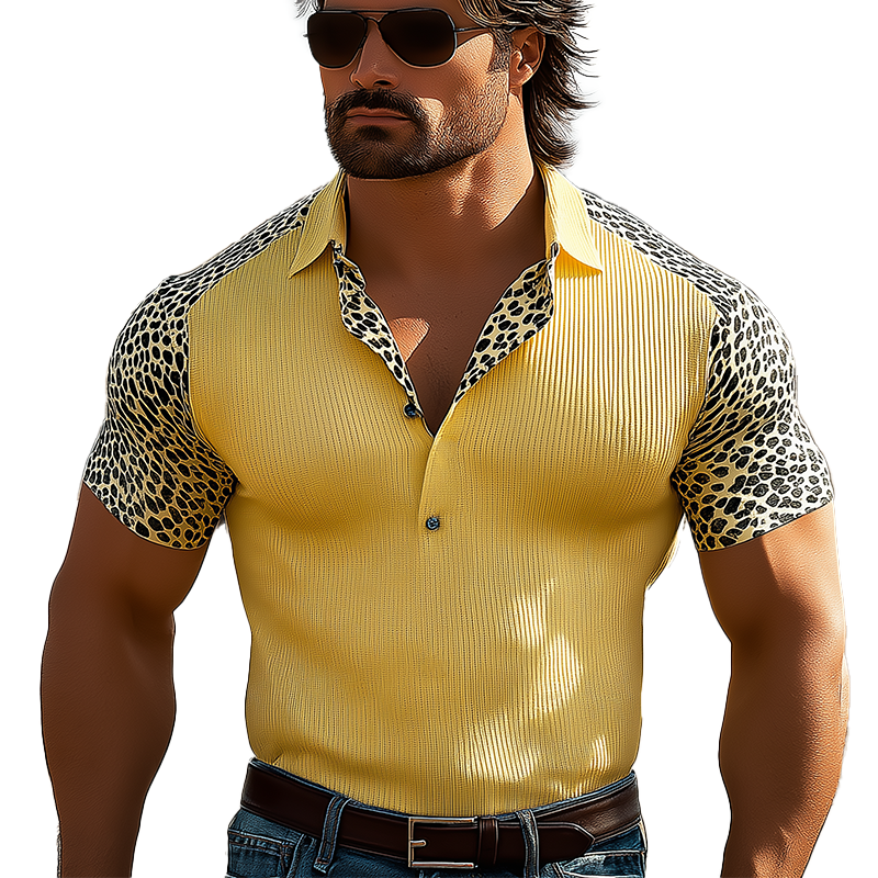 Herre sommer pustende leopardprint strikket stretch kortermet poloskjorte MTA0517F1P