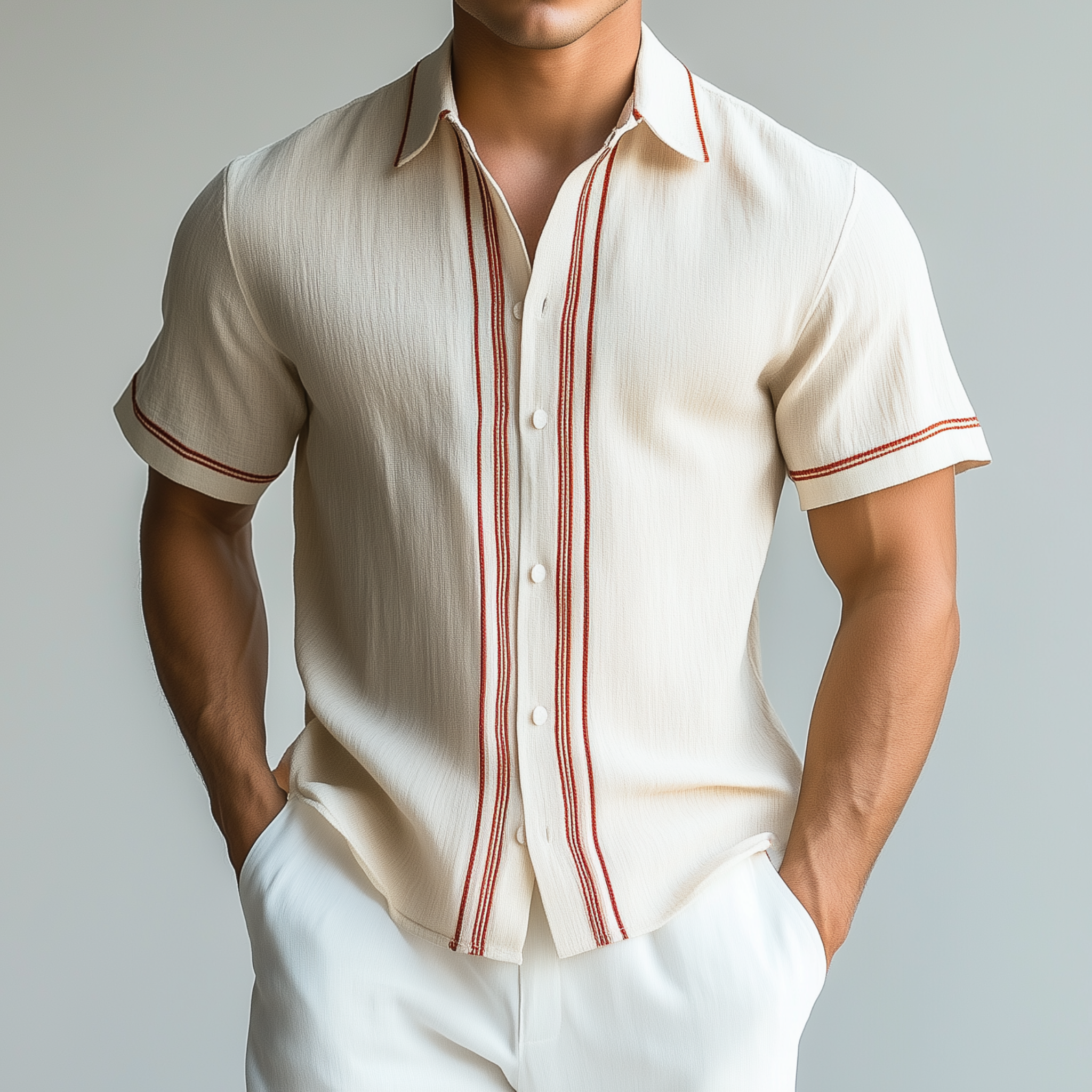 Men's Fashion Casual Chiffon Contrast Color Embroidery Slim Fit Short Sleeve Shirt MTA2408G6K
