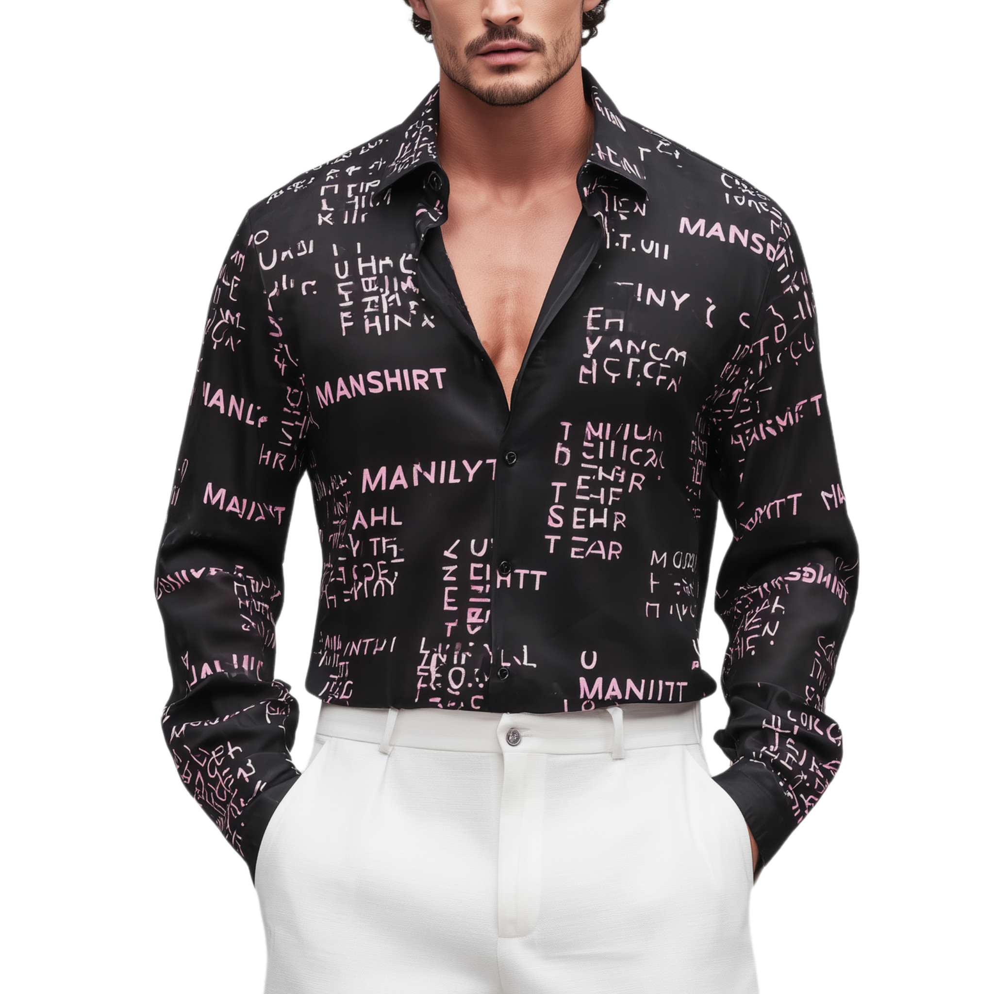 Men's Fashion Casual Satin Irregular Letter Printed Long Sleeve Shirt MTA2549G6K