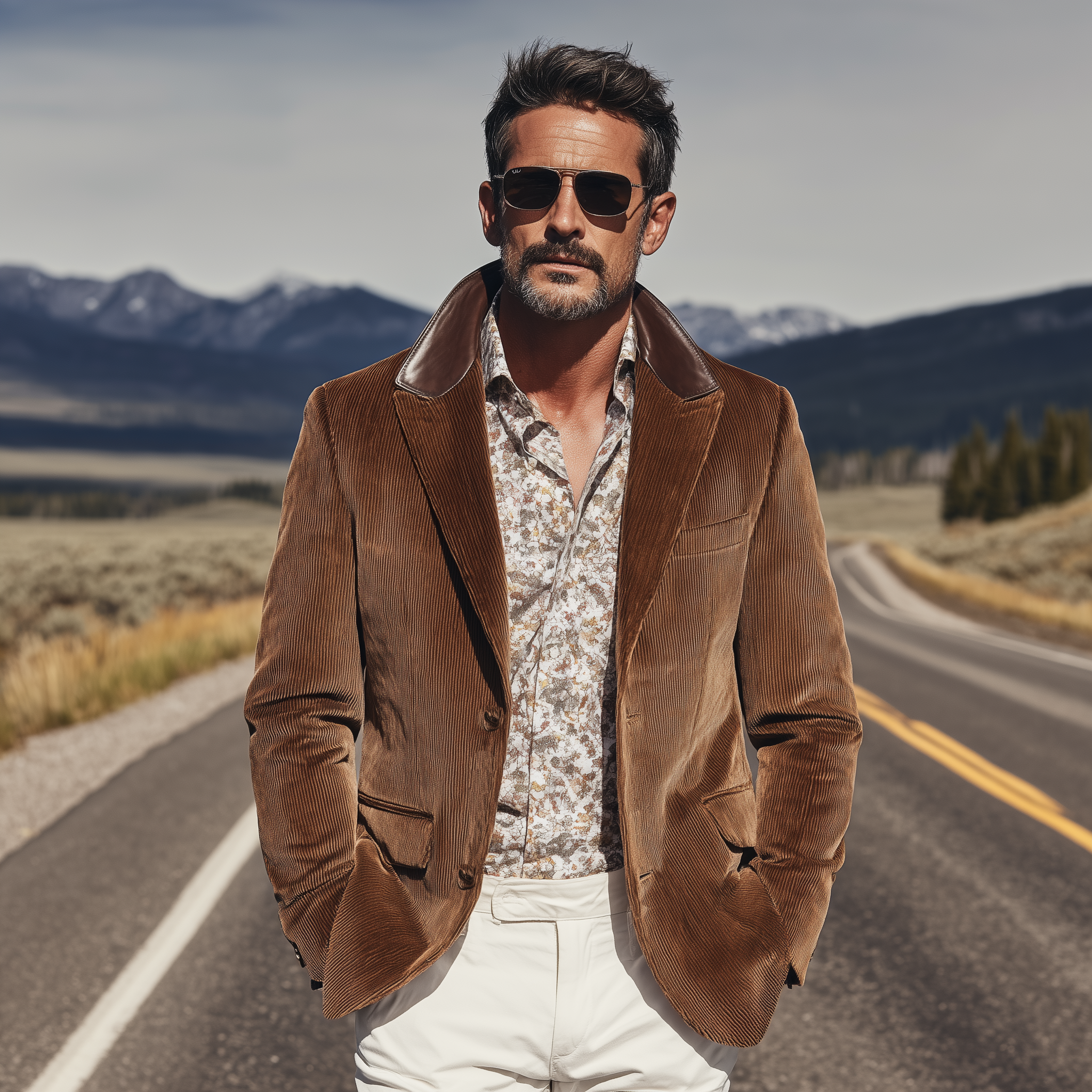 Men's Classic Retro Western Style Collar Stitching PU Leather Single-breasted Corduroy Blazer MTA1231H0K