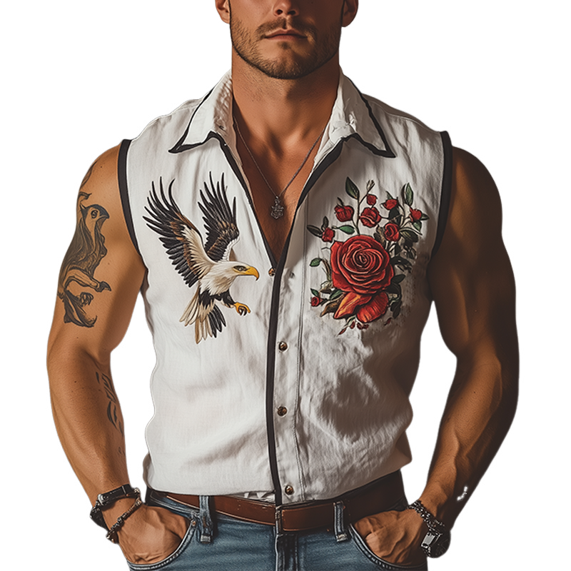 Men's Summer Fashion Retro Western Style Rose and Eagle Embroidery Cotton Linen Sleeveless Shirt MTA2980D5K
