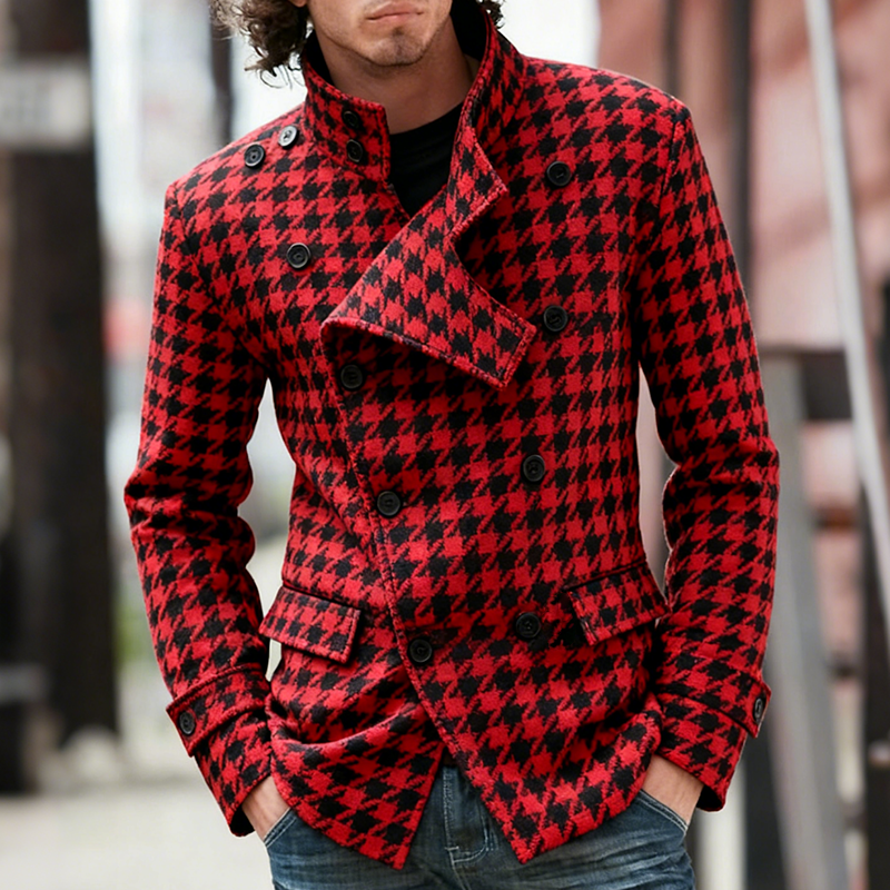 Men's Retro Casual Houndstooth Stand Collar Double Breasted Jacket MTA1728J9TO