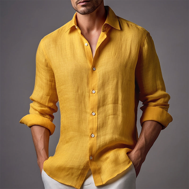 Men's Casual Solid Color Linen Lapel Slim Fit Long Sleeve Shirt 68576086M