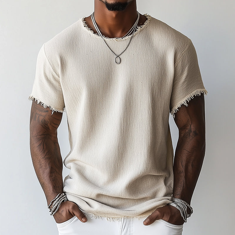 Men's Vintage Linen Fringe Crew Neck Short Sleeve Shirt 18301340TO