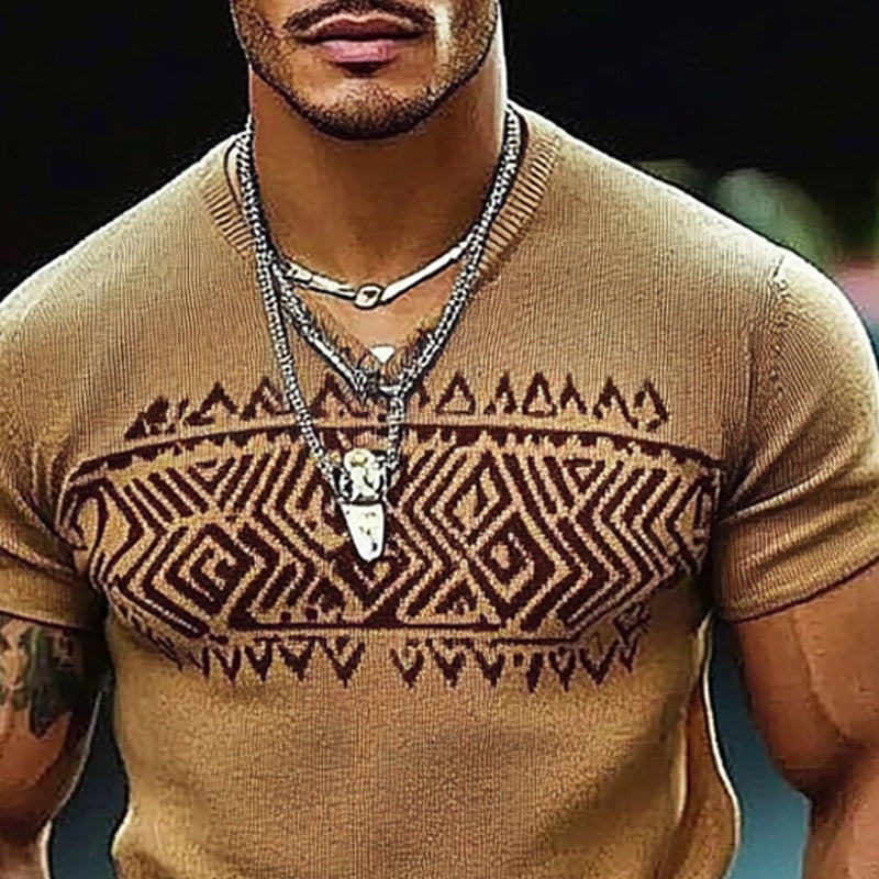 Men's Knitted V-neck Jacquard Short-sleeved T-shirt 93358887X