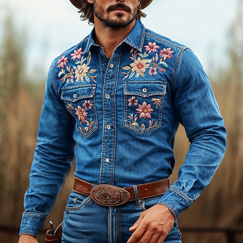 Men's Western Cowboy Style Embroidered Lapel Chest Pocket Long Sleeve Denim Shirt 20384804Z