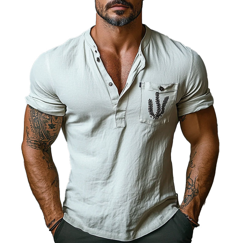 Men's Casual Pocket Print Henley Neck Short Sleeve T-Shirt 02832551X