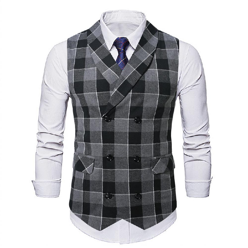 Men's Vintage Checkered Lapel Double-breasted Vest (shirt Not Included) 02198566X