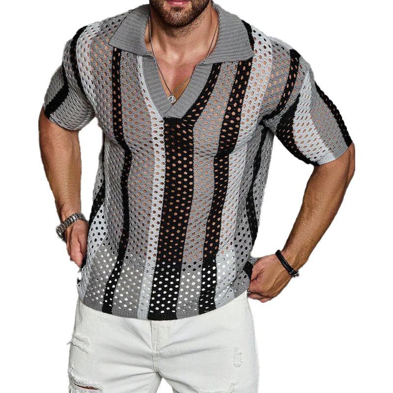 Men's Casual Striped Knitted Short-sleeved POLO Shirt 10171669X