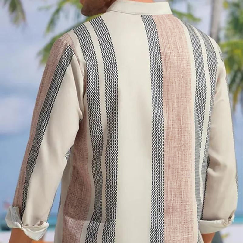 Men's V-neck Striped Print Loose Lapel Cotton Linen Shirt 98320759X