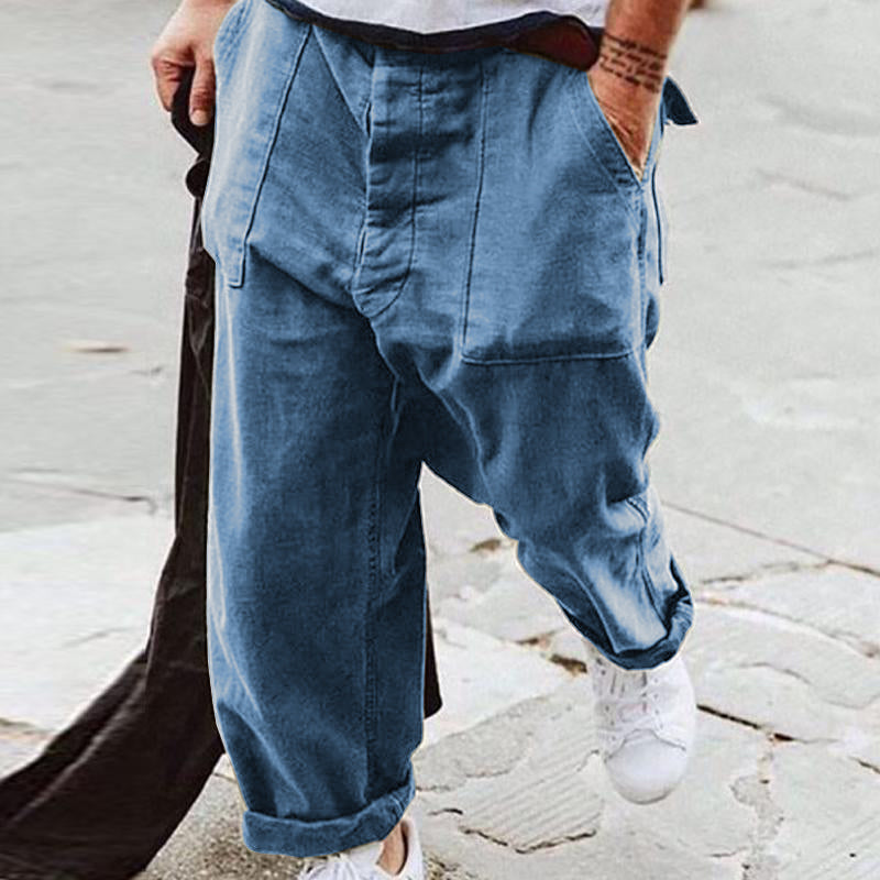 【Expédition 24h/24】Pantalon décontracté en coton et lin de couleur unie pour hommes avec grandes poches 40216116M