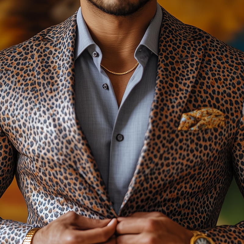 Herremote Leopard Satin Peak Lapel Blazer med to knapper 38892382Z