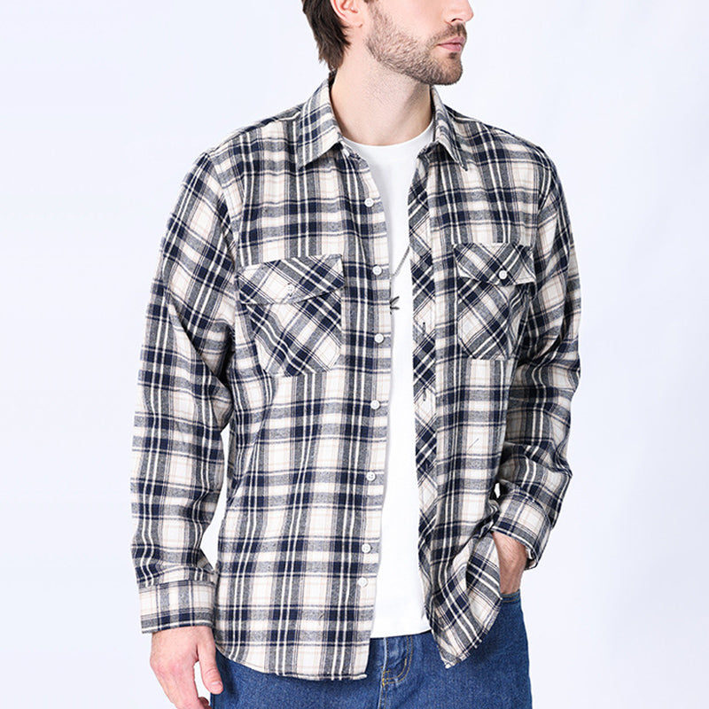 Men's Casual Black and White Checkered Long-sleeved Shirt 20163720U