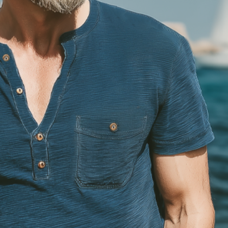 Men's Summer Classic Henley Collar Textured Short Sleeve T-Shirt MTA0277G1U