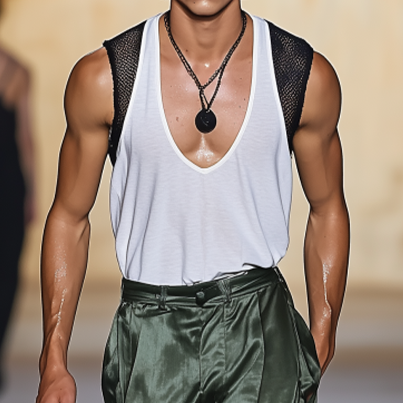 Men's Summer Fashion Casual Mesh Fabric Splicing Cotton Blend Deep V-neck Tank Top MTA2318F4K