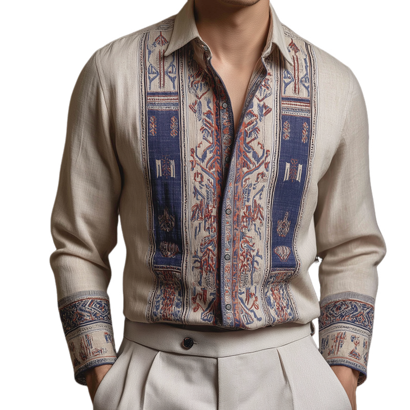 Men's Retro Casual Ethnic Style Geometric Print Lapel Long Sleeve Shirt MTA3170G4TO
