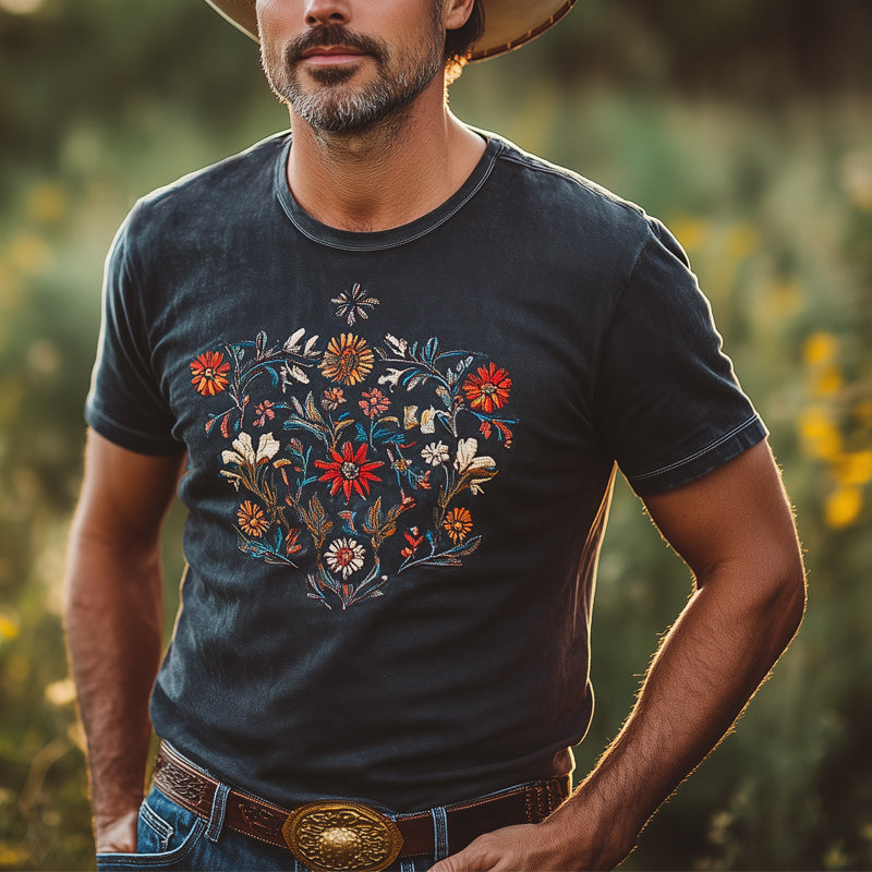 Men's Vintage Floral Embroidery Round Neck Short Sleeve T-Shirt MTA2806D1U