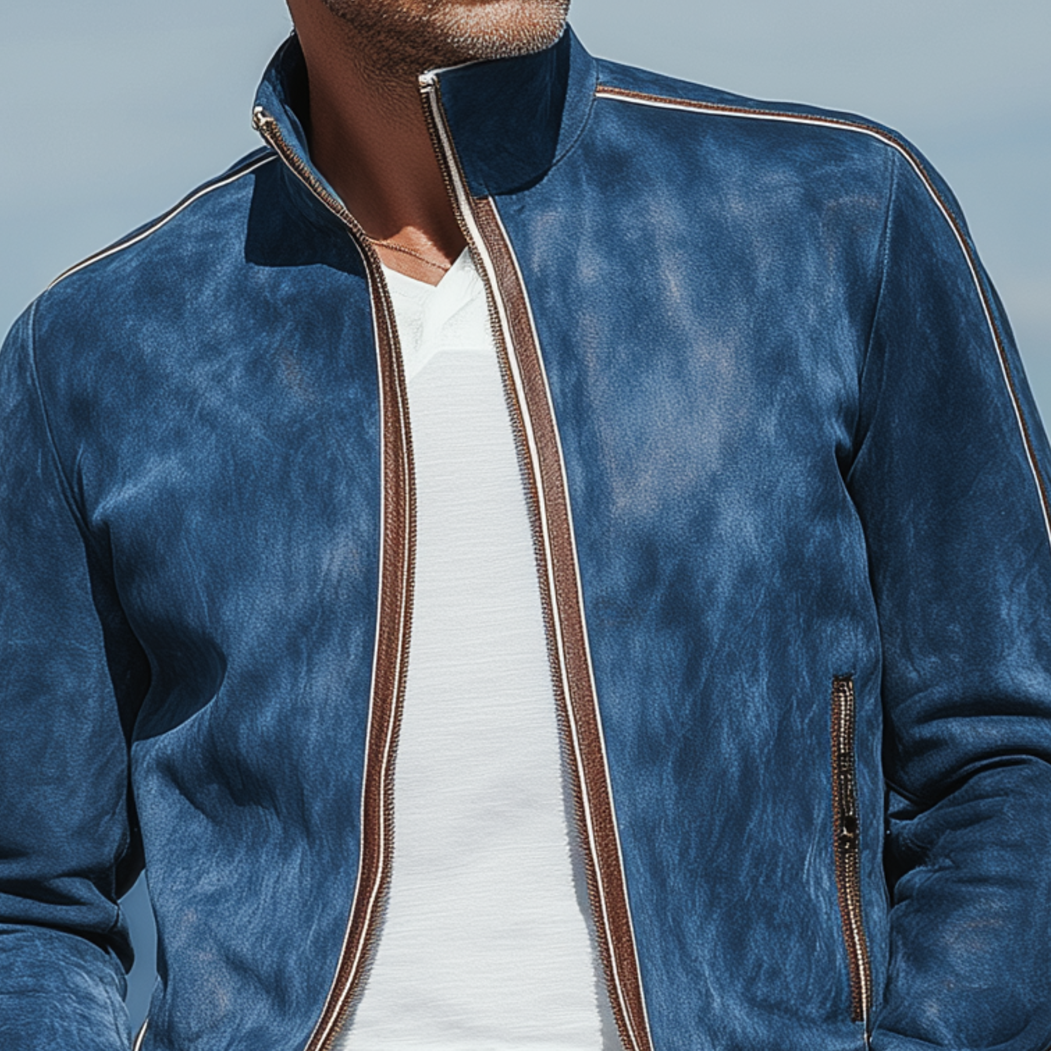 Men's Classic Casual Stand Collar Stitching PU Leather Zipper Suede Jacket MTA1400H0K