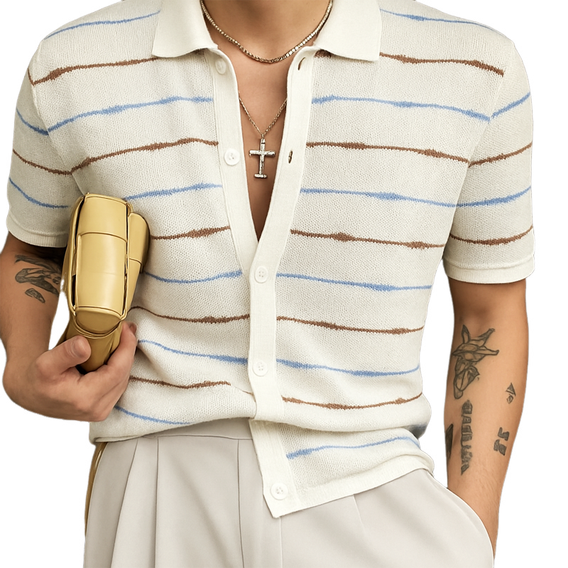 Men's Summer Casual Striped Knitted Short Sleeve Shirt MTA0533F1U