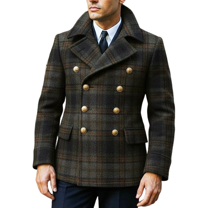 Men's Vintage Plaid Double-Breasted Faux Woolen Jacket MTA1378J9U