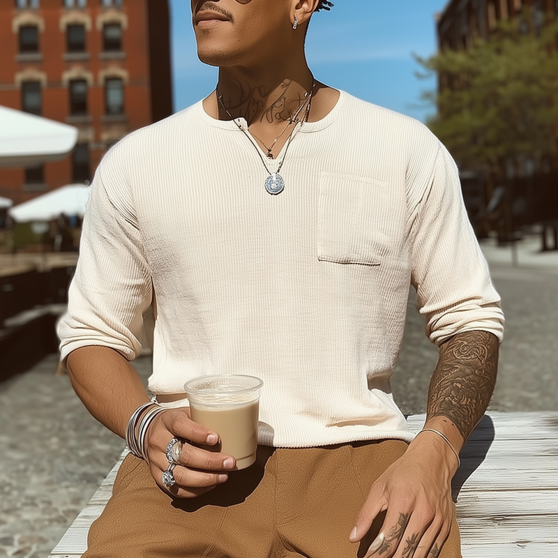 Men's Casual Cotton Blend Solid Color Ribbed V-Neck Slim Fit Long Sleeve T-Shirt MTA1525G5M
