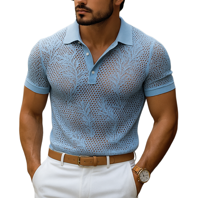 Men’s Solid Hollow Out Plant Graphic Knitted Lapel Short Sleeve Polo Shirt MTA0596G9Z