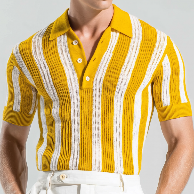 Men's Casual Breathable Contrast Color Vertical Stripes Lapel Slim Fit Knitted Short-sleeved Polo Shirt MTA2260G2M