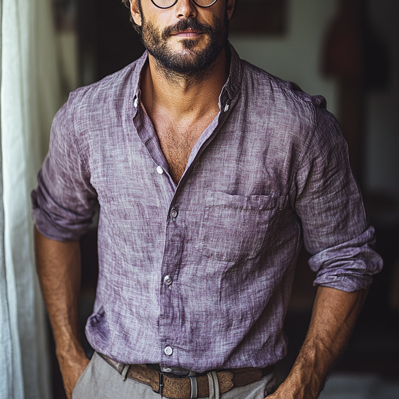 Men's Vintage Cotton And Linen Long-sleeved Shirt MTA0124H1X