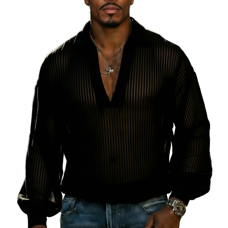 Men's Fashionable Faux Velvet Striped Sheer V-neck Long-sleeved Shirt MTZ1638A7P