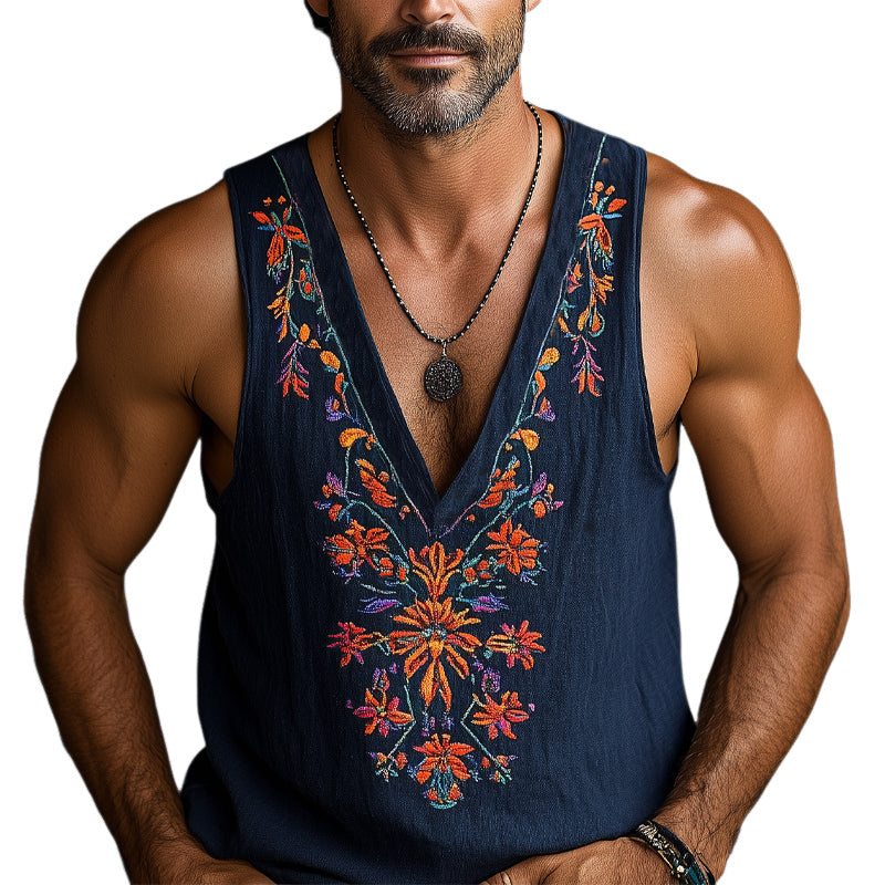 Men's Deep V-neck Vintage Floral Embroidered Cotton and Linen Tank Top MTA3063D1U