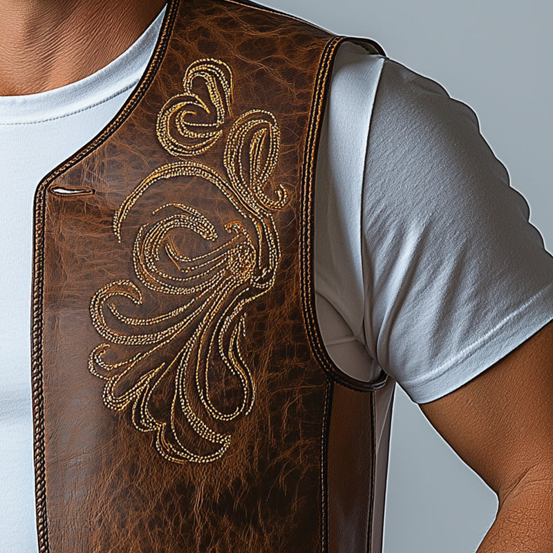 Men's Summer Western Cowboy Style Leather Embroidered Vest MTA2928D5P