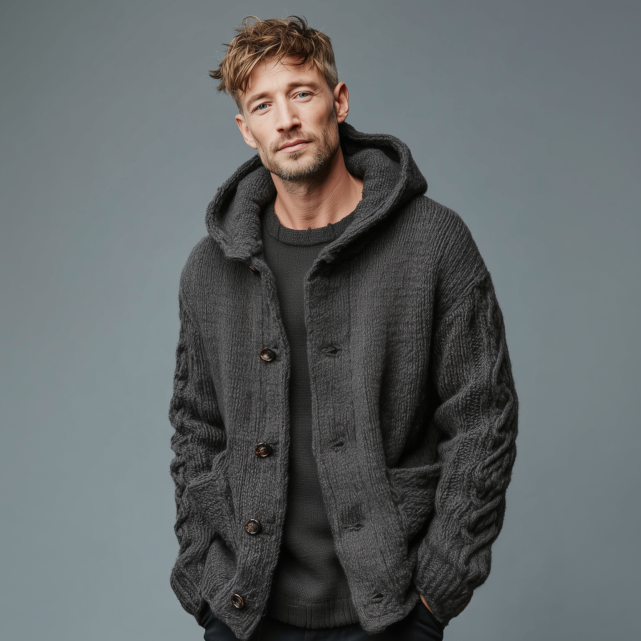 Men's Classic Casual Hooded Pocket Jacquard Knit Cardigan MTA2370I1K