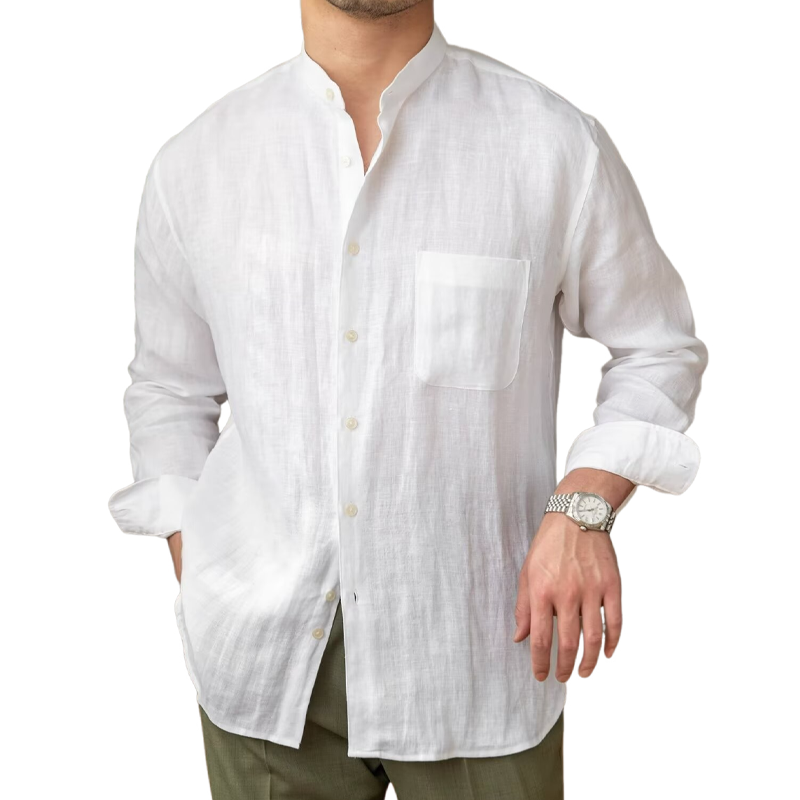 Men's Cotton And Linen Solid Color Stand Collar Long Sleeve Shirt MTA2810G8X