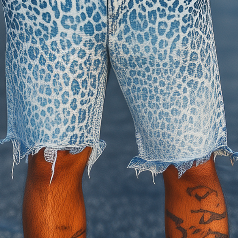 Men's Spring And Summer Fashion Retro Western Cowboy Style Washed Gradient Denim Leopard Print Loose Trousers Raw Edge Casual Shorts MTA1394E7K