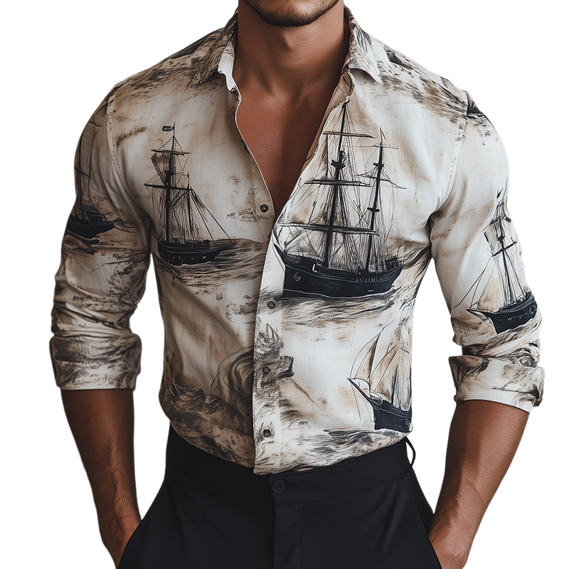 Men's Retro Casual Sailing Ship Print Lapel Long Sleeve Shirt 09769514TO