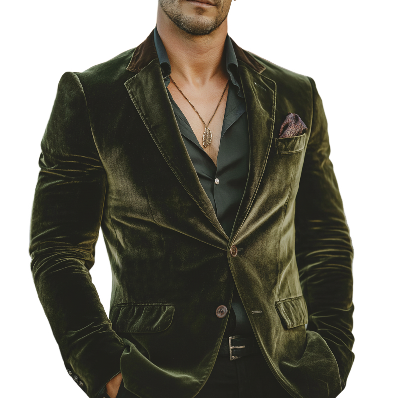 Men's Business Velvet Two-Button Single Vent Color-Block Collar Blazer MTZ0423A9U