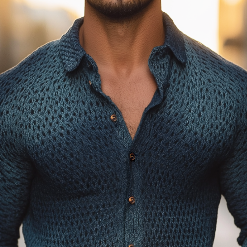 Men's Retro Casual Western Style Gradient Knit Lapel Long Sleeve Shirt MTA1996H1TO