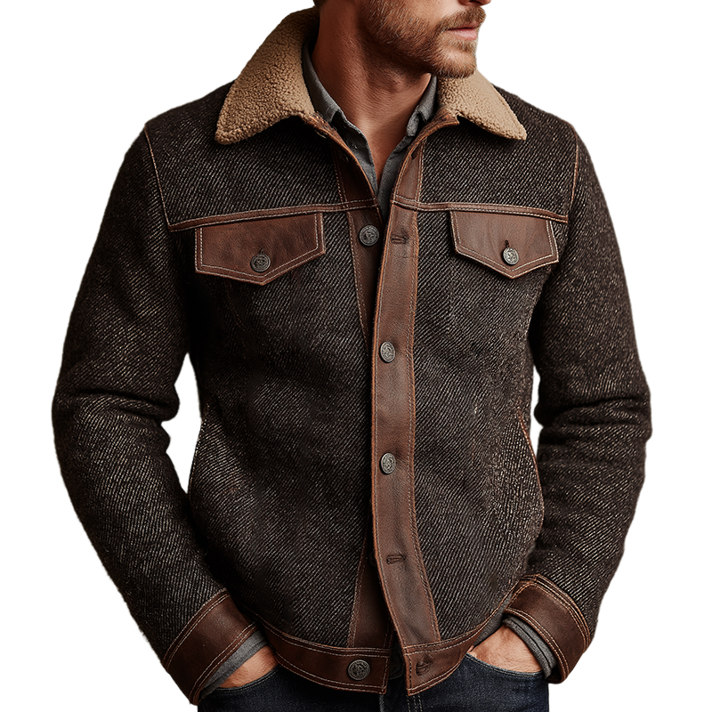Men's Retro Casual Faux Leather Stitching Fur Collar Button Jacket MTA2456J1TO