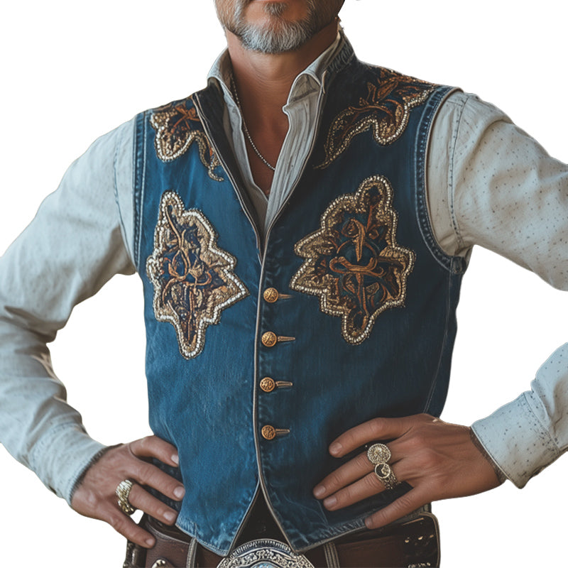 Men's Stand Collar Vintage Embroidery Single Breasted Denim Vest MTA2176E8U