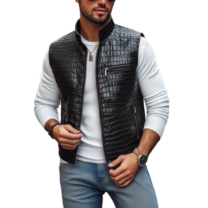 Men's Fashion Crocodile Pattern PU Stand Collar Zipper Placket Slim Fit Vest MTA2738H7M
