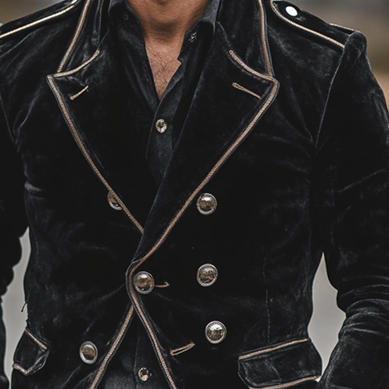 Men's Vintage Solid Velvet Contrast Trim Double Breasted Jacket MTA1861I7X