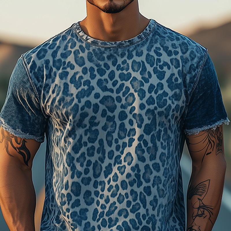 Klassisk herre-T-skjorte i denim med jacquardmønster og leopardprint, retro i western-cowboystil MTA0855E4K