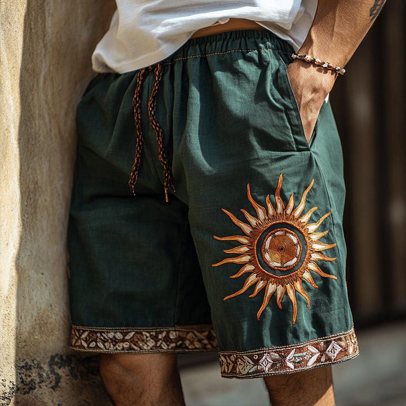 Men's Retro Ethnic Style Sun Embroidery Casual Linen Shorts 05475823TO