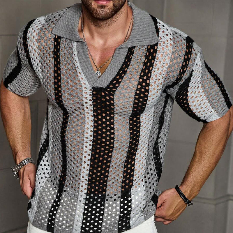 Men's Casual Striped Knitted Short-sleeved POLO Shirt 10171669X